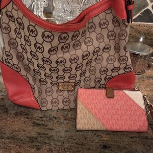 Michael Kors Pinkish Orange and Brown Signature Bag And Wallet